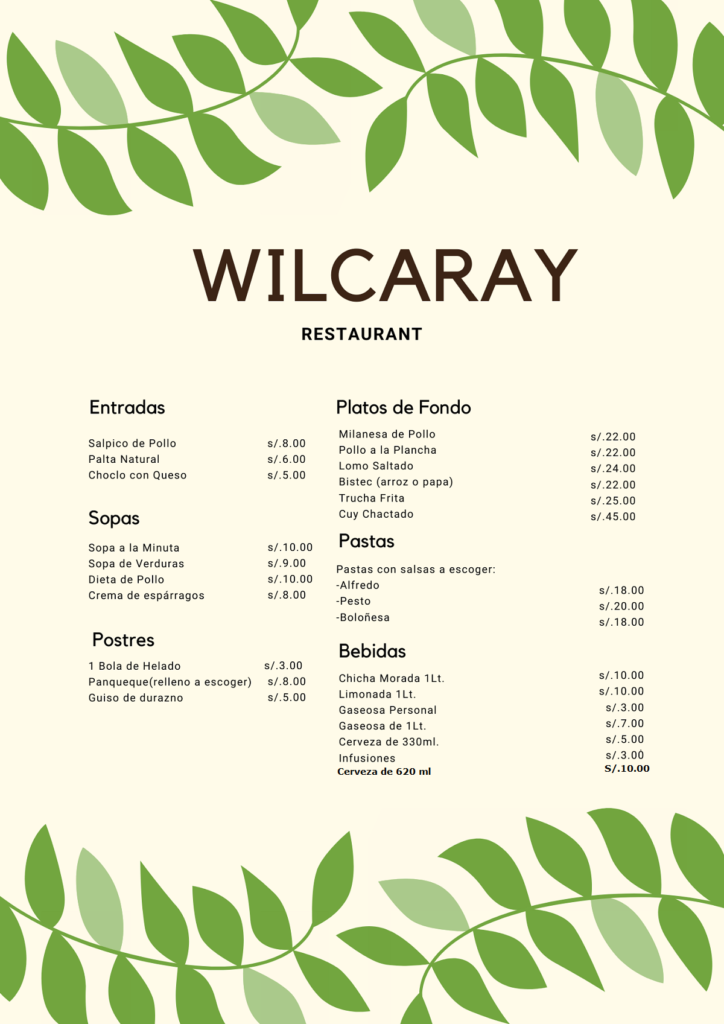 platos a la carta wilkaray restaurante